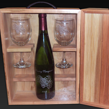 Wood Wine Box holds bottle and glasses